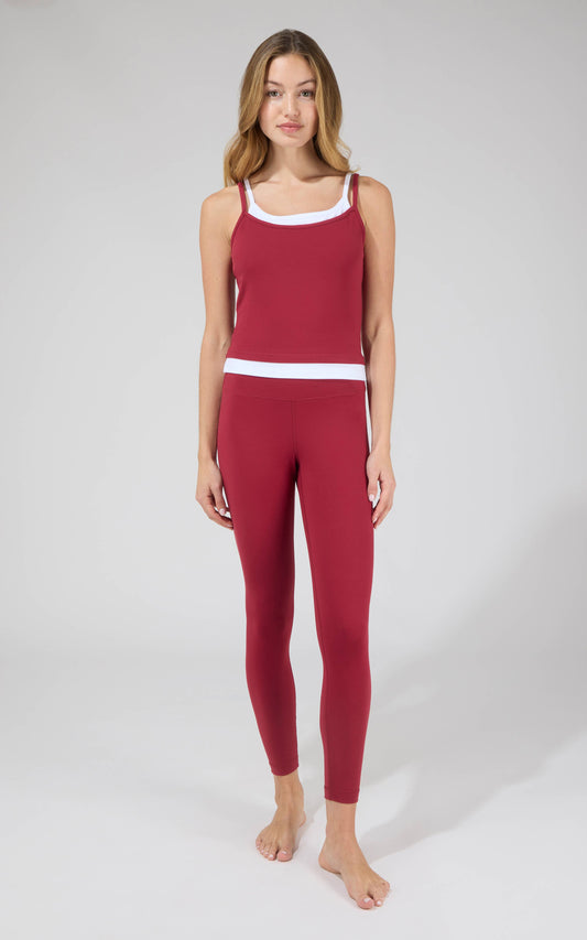 Women's Double Layer Tank Top and Ankle Leggings - SET: CHERRY ROYALE/WHITE