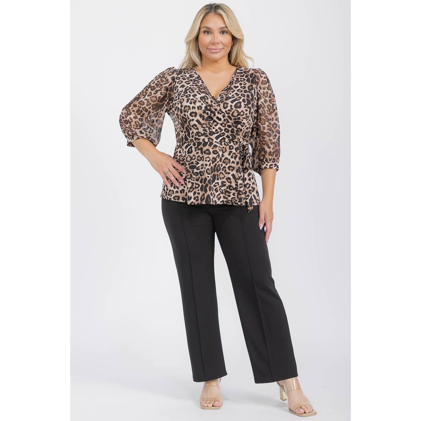 PLUS ANIMAL PRINT SLEEVE PUFF MIX MEDIA WRAP: TAUPE/BLACK / 1X-2X-3X(1-2-1)