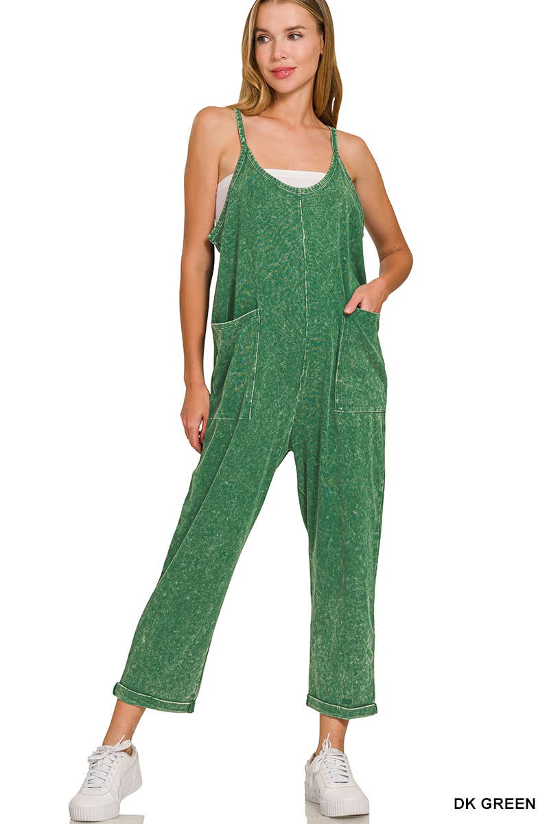 Washed Spaghetti Straps Overalls With Pockets: B LAVENDER