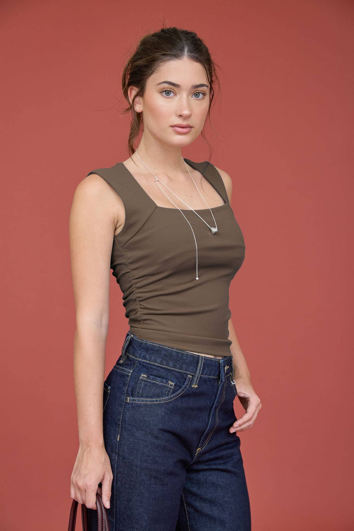 SQUARE NECK SLEEVELESS RUCHED DETAIL TOP : BLACK