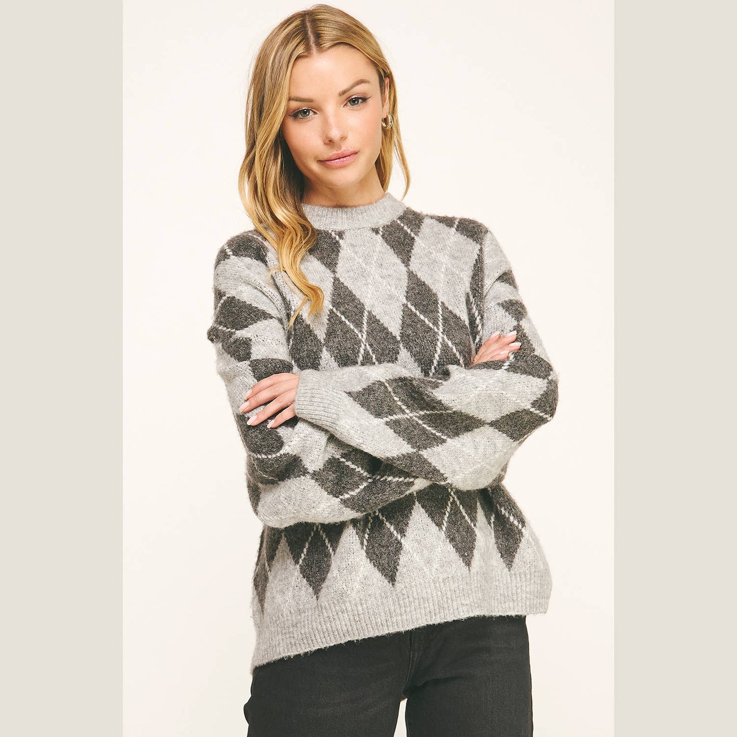 CHECKERED CREW NECK LONG SLEEVE PULLOVER SWEATER (Copy): TONAL GREY / M