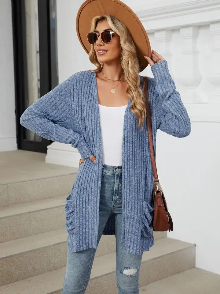 Solid Knit Long Sleeve Pocket Open Front Cardigan: Khaki / 65%Rayon +30%Polyester+ 5%Spandex / L