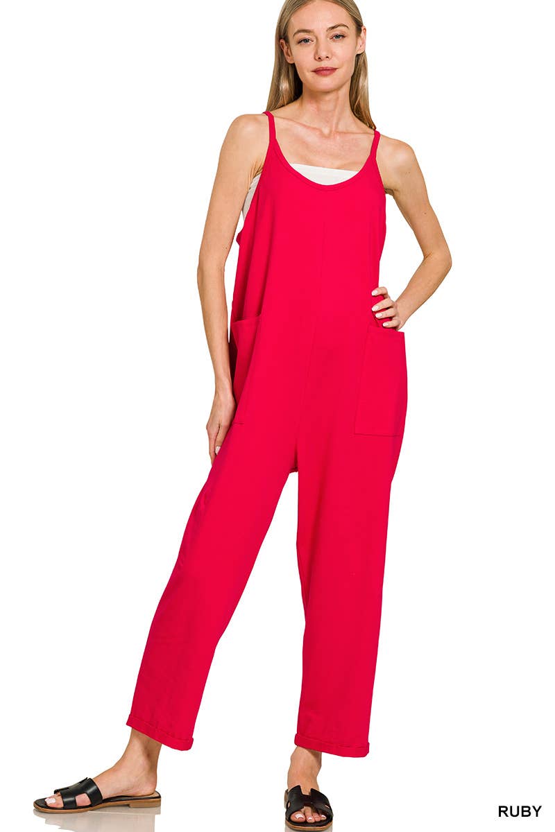 Spaghetti Strap Pocketed Jumpsuit: H LT TEAL]