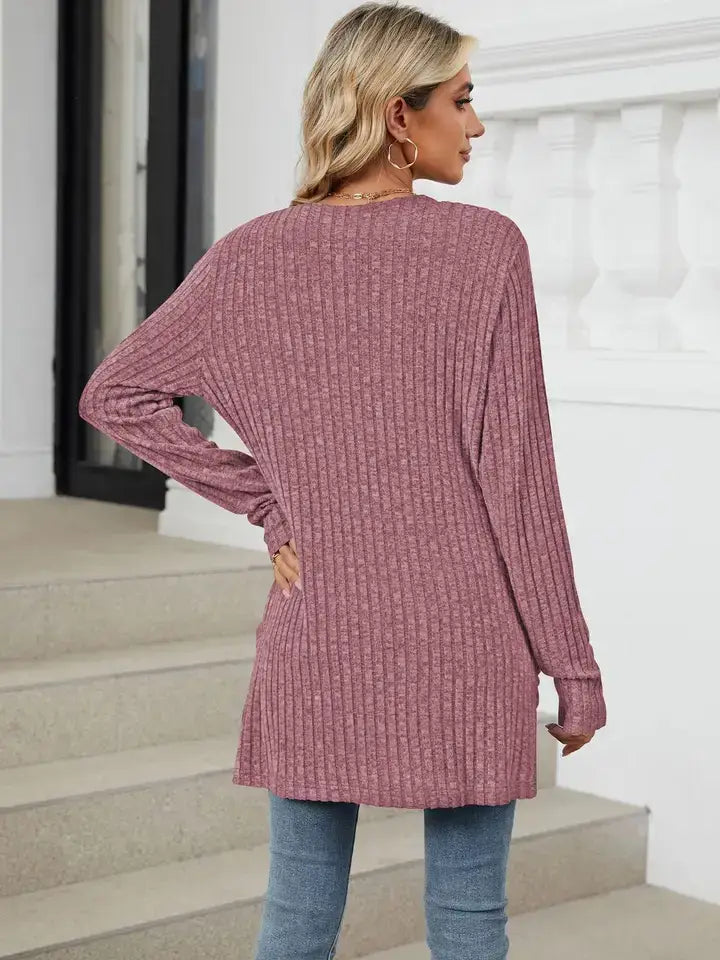 Solid Knit Long Sleeve Pocket Open Front Cardigan: Khaki / 65%Rayon +30%Polyester+ 5%Spandex / 2XL