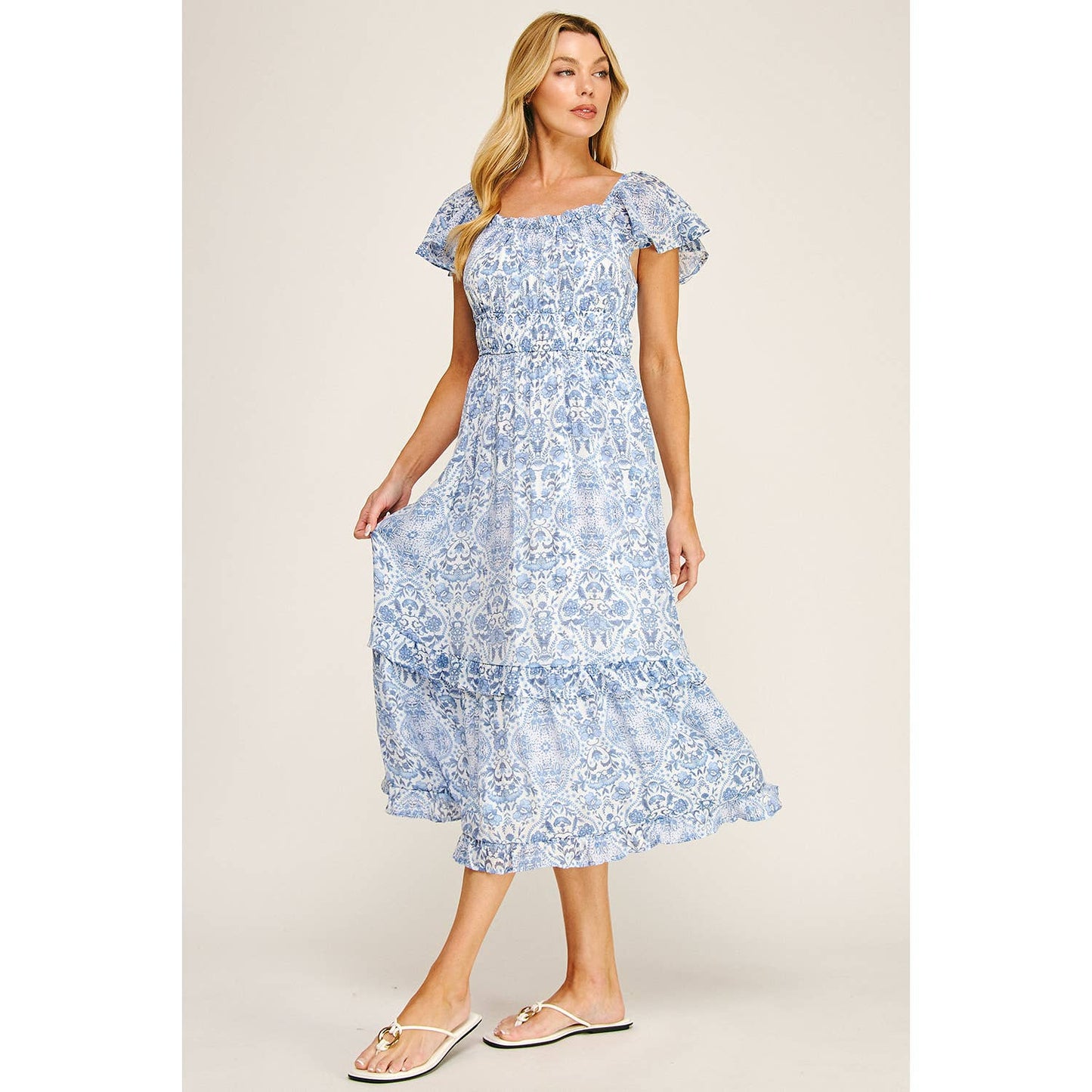 FLUTTER SLEEVE FLORAL TIERED MIDI DRESS: I/P/O / M