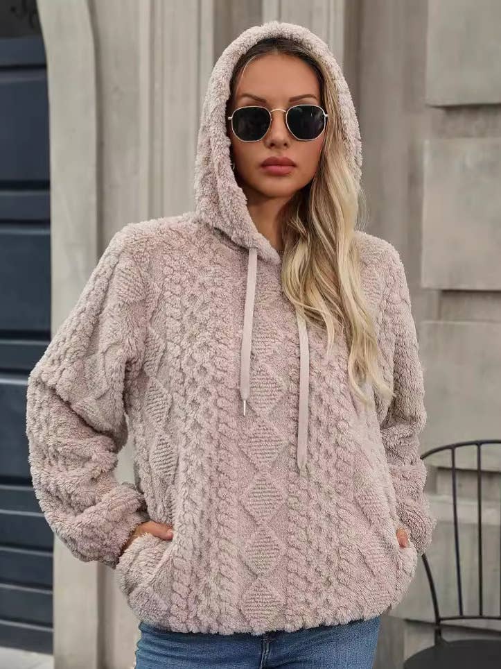 FLEECE JACQUARD FABRIC LONG-SLEEVED HOODED JUMPER: KHAKI / (XXL) 1