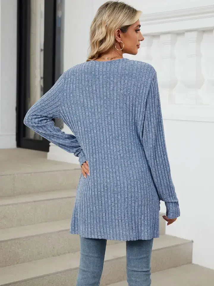 Solid Knit Long Sleeve Pocket Open Front Cardigan: Khaki / 65%Rayon +30%Polyester+ 5%Spandex / M