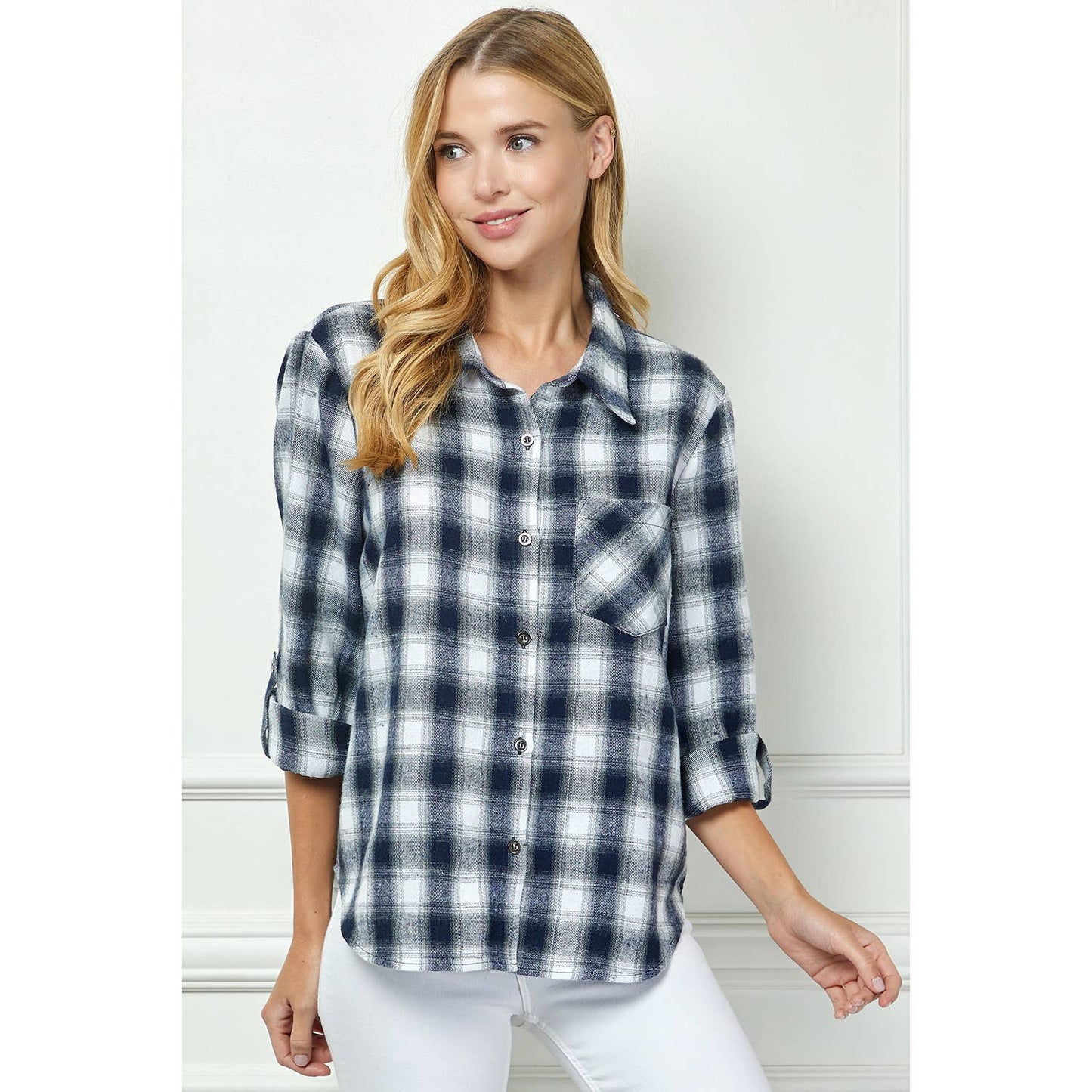 PLAID FLANNEL ROLL SLEEVES  COLLAR NECK SHIRTS: IV/NY / L