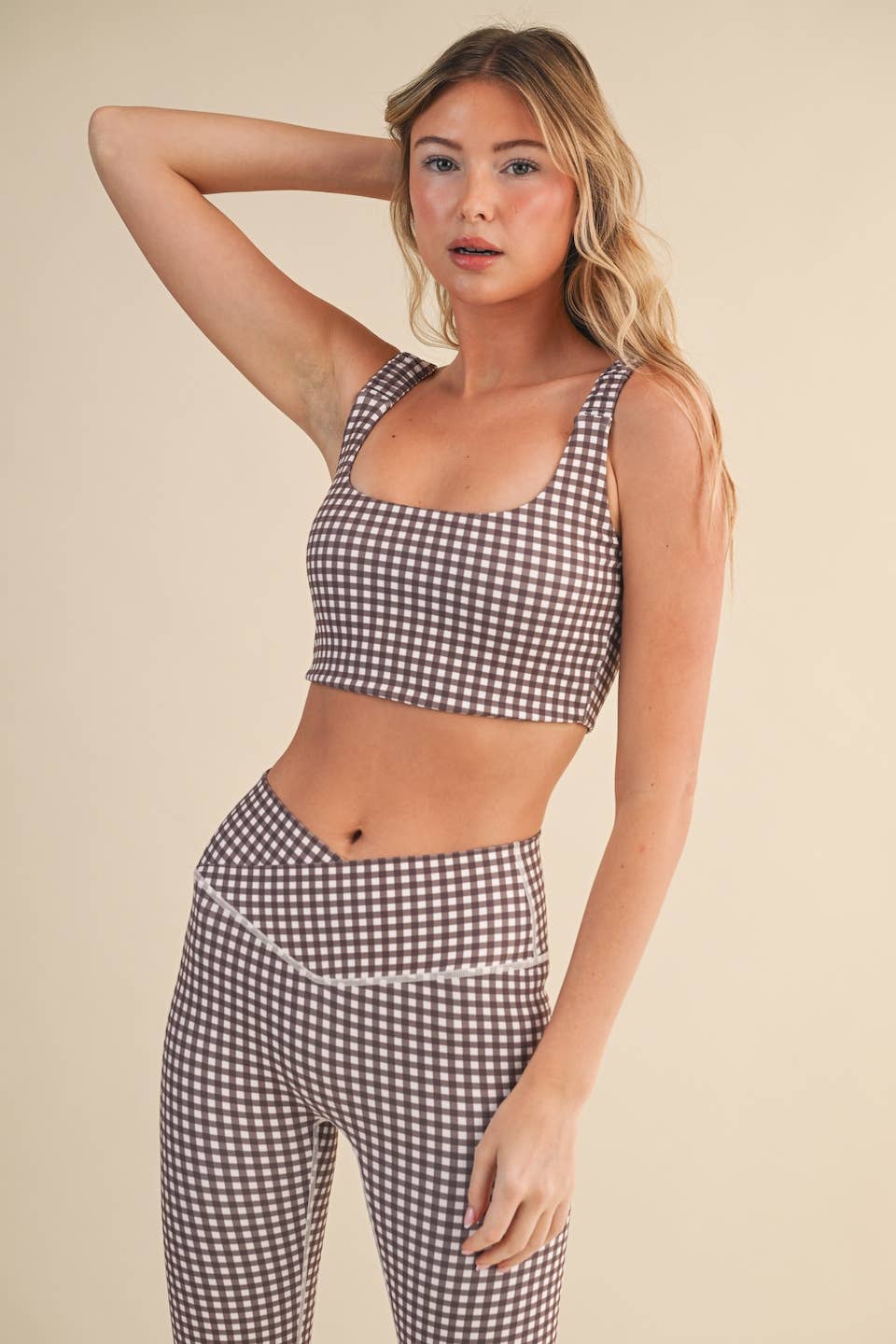 Gingham Print Ruched Bra Top: Pink Gingham / S