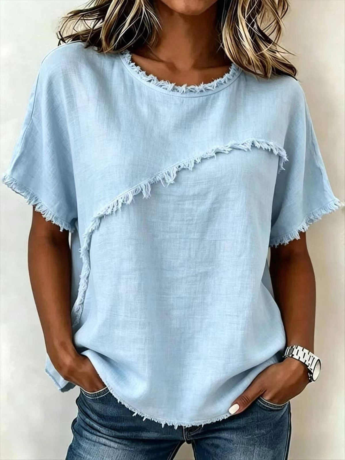 M Frayed Edge Linen Blend Top Round Neck Short Sleeve Casual: Apricot