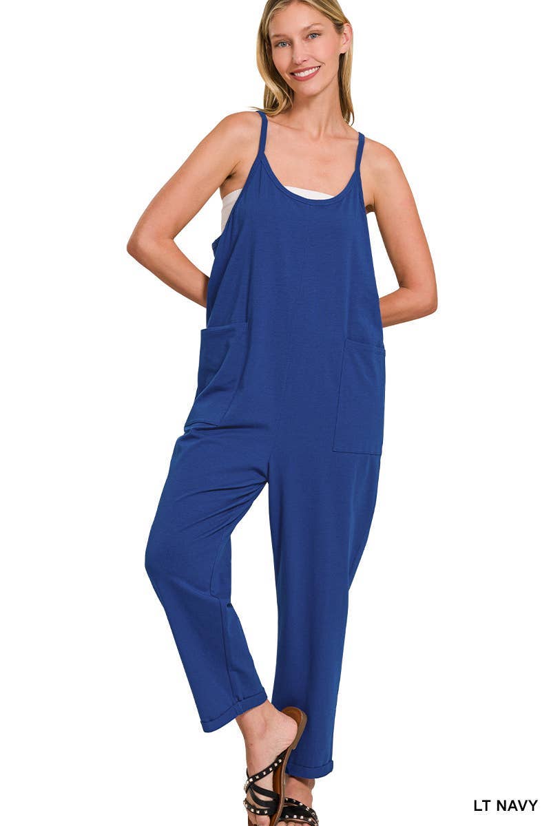 Spaghetti Strap Pocketed Jumpsuit: H LT TEAL]