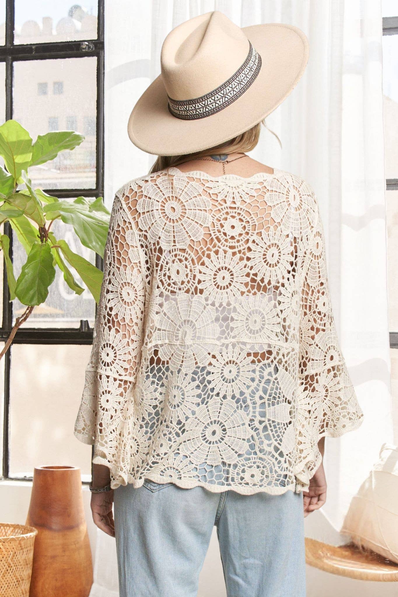 BELL SLEEVE CROCHET TOP- LET3556: BEIGE