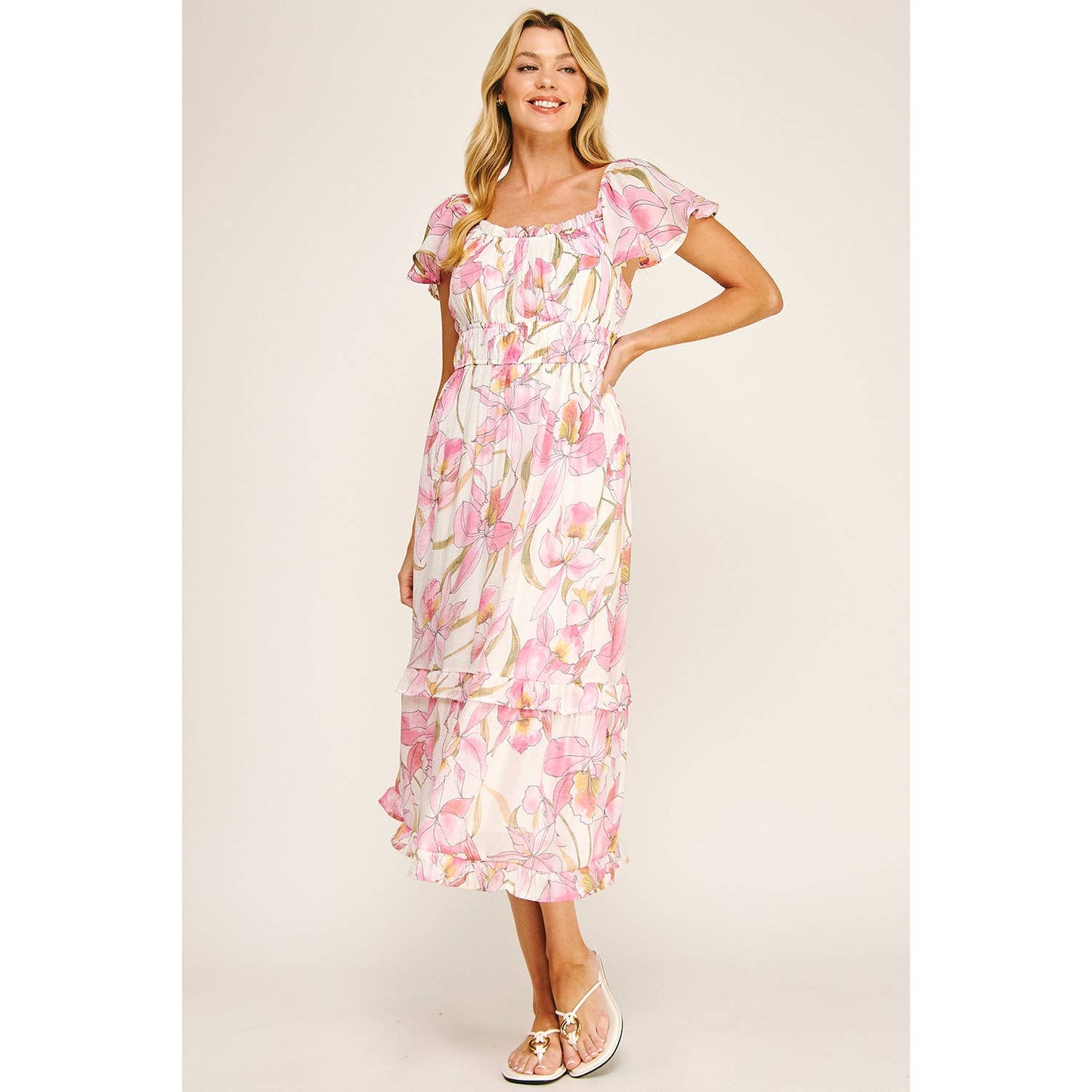 FLUTTER SLEEVE FLORAL TIERED MIDI DRESS: I/P/O / XL