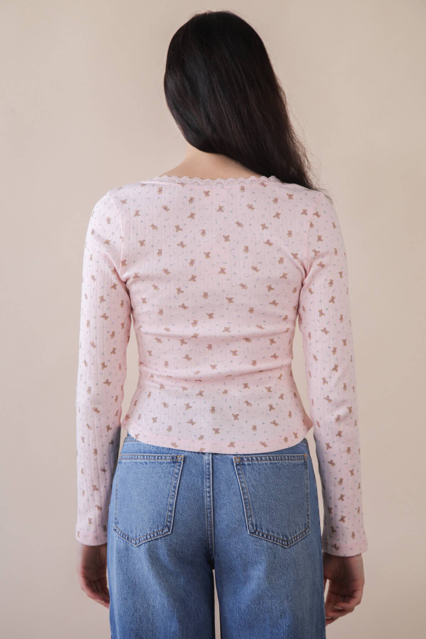 NT12410-Printed Fitted Casual Knit Top: CREAM FLORAL / S-M-L/2-2-2