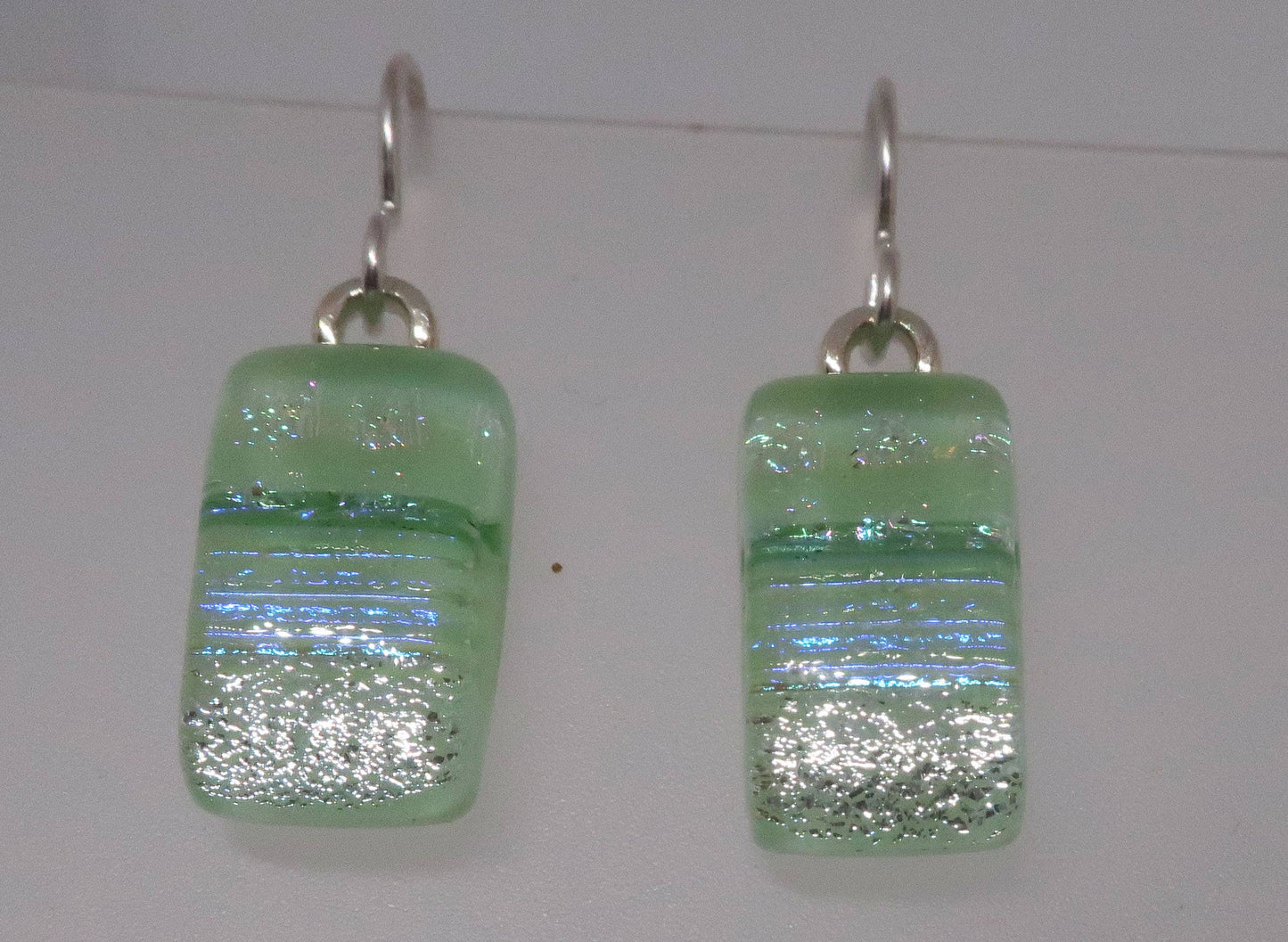 Sterling Silver dichroic glass LT Green dangle earrings #452