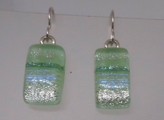 Sterling Silver dichroic glass LT Green dangle earrings #452