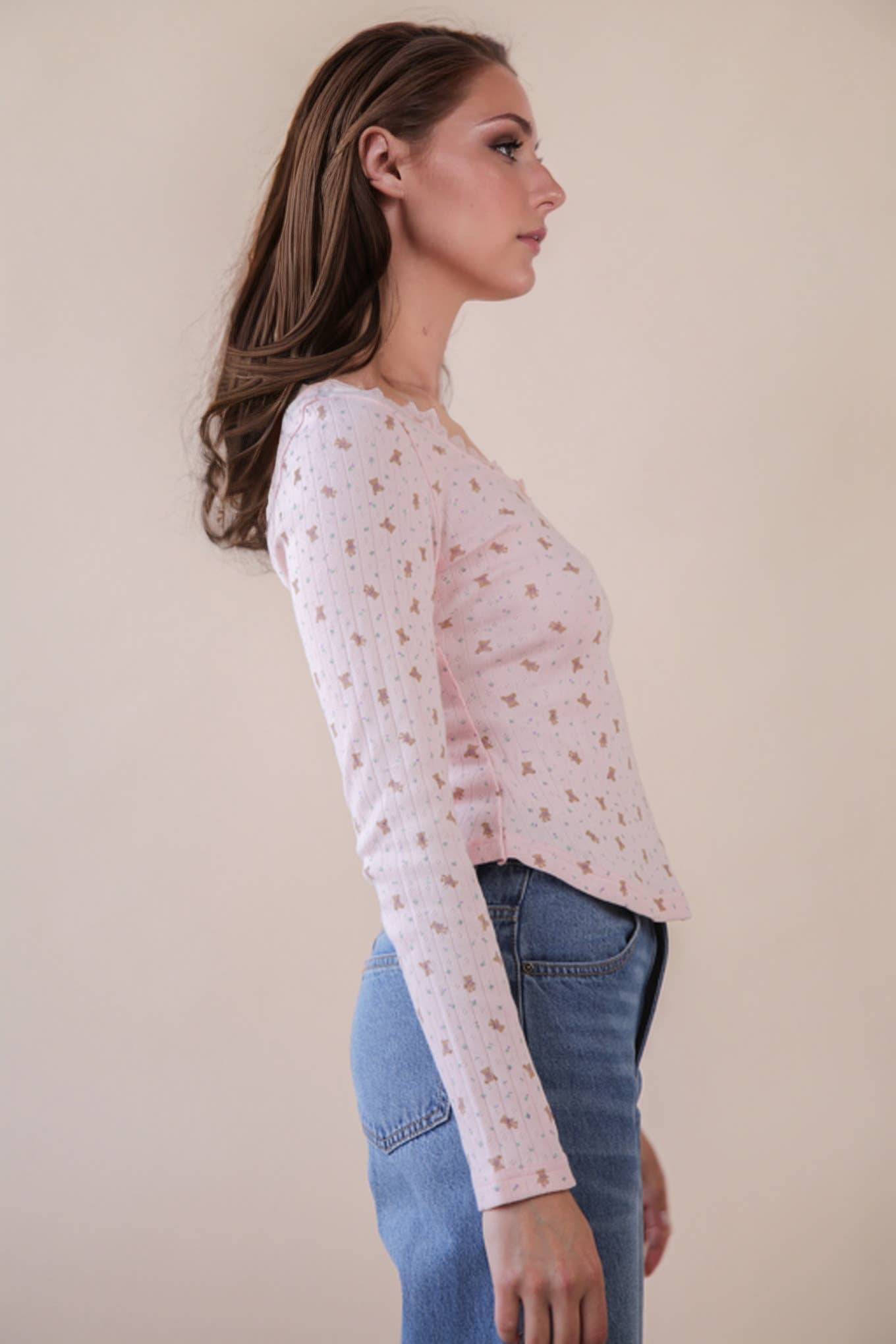 NT12410-Printed Fitted Casual Knit Top: CREAM TEDDY BEAR / S-M-L/2-2-2