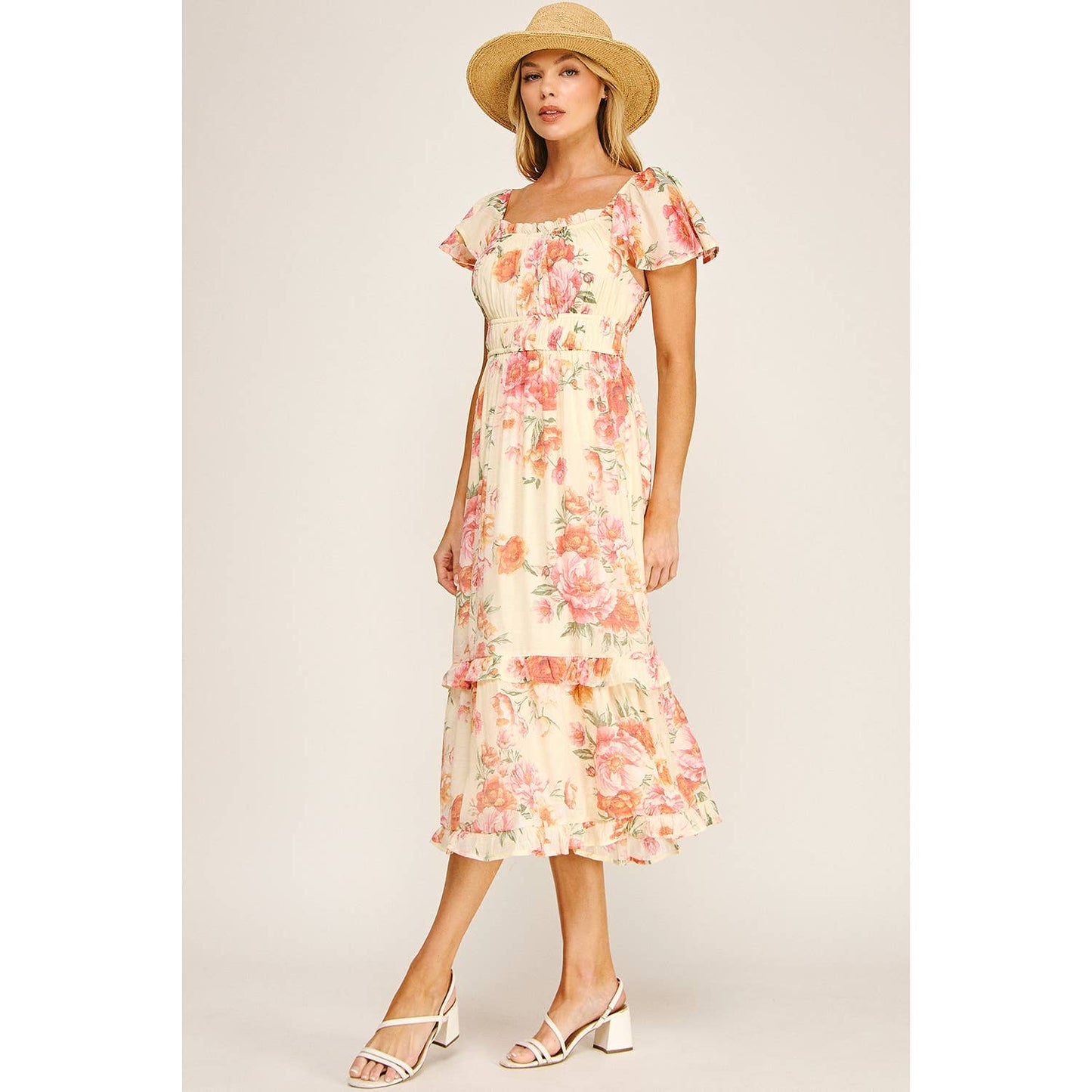 FLUTTER SLEEVE FLORAL TIERED MIDI DRESS: I/P/O / M