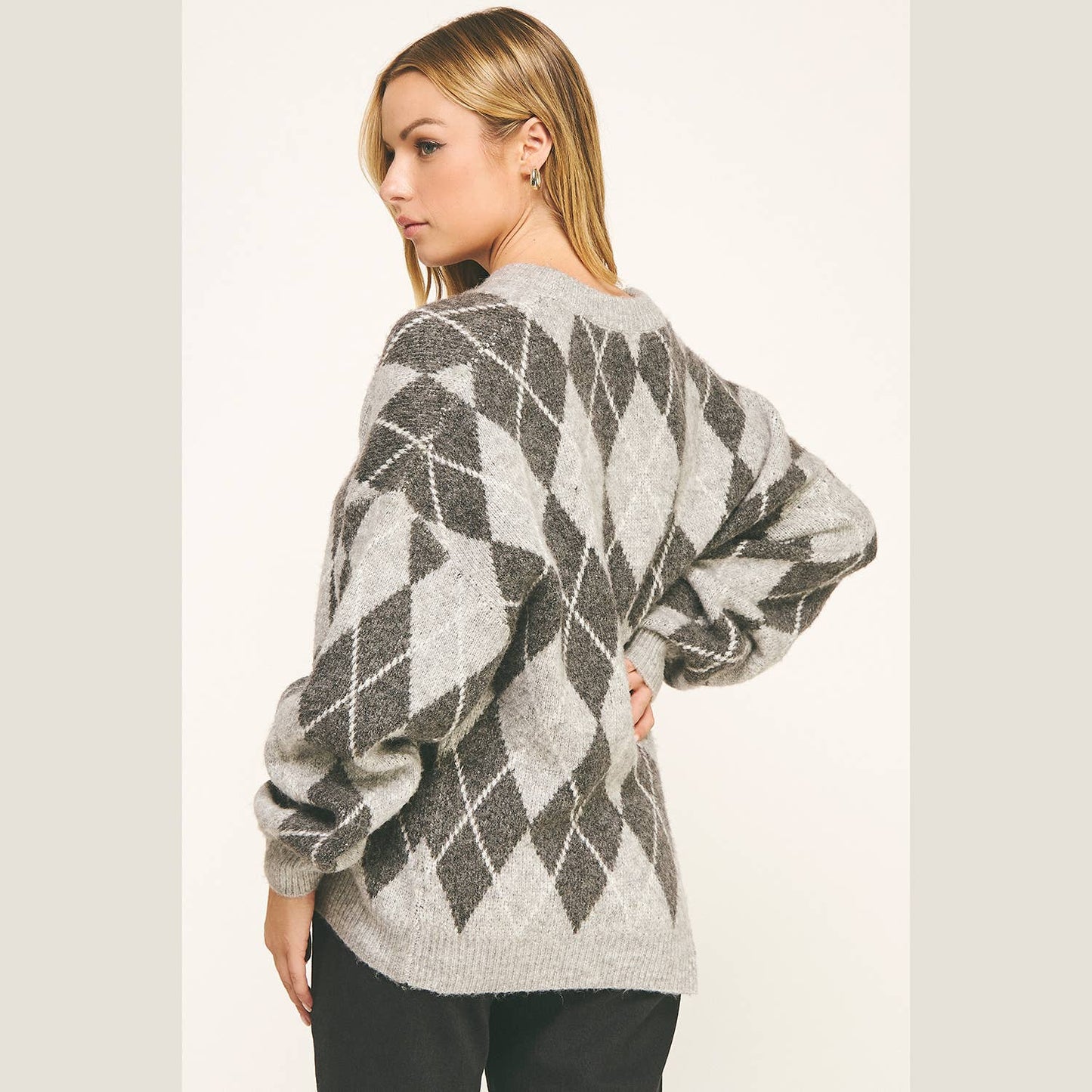 CHECKERED CREW NECK LONG SLEEVE PULLOVER SWEATER (Copy): TONAL GREY / S