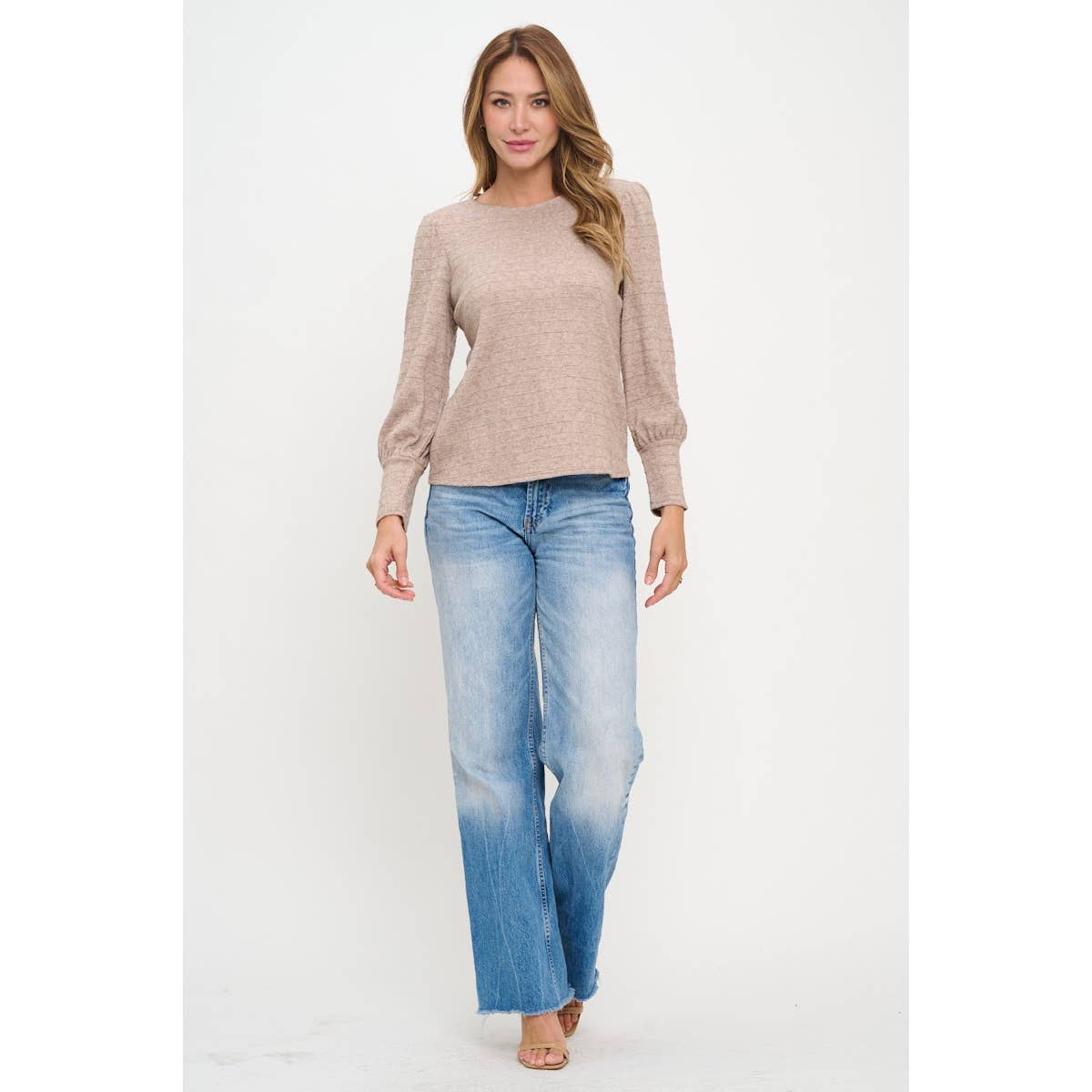 BIG CUFF POINTELLE RIBBED LONG SLEEVE TOP: Oat Mocha / S