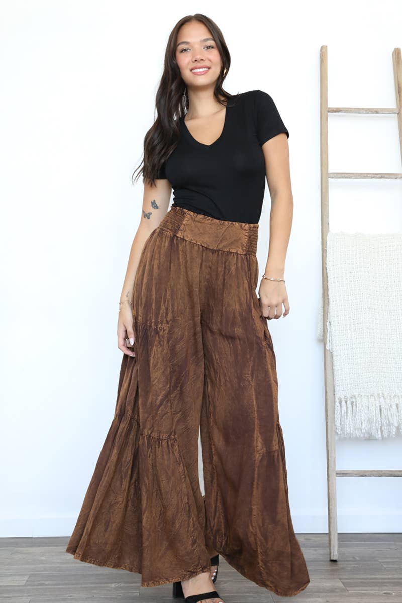 XL ACID WASH TIERED WIDE LEG PANTS: CHOCOLATE / XL