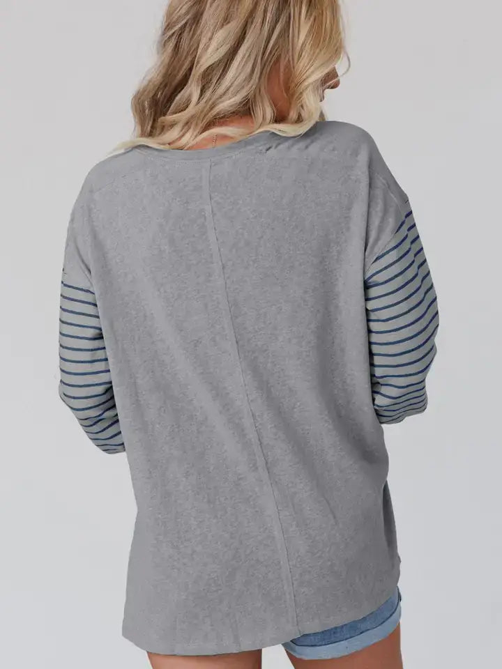 Colorblock Striped Long Sleeve Casual Knit Top: Grey / 60%Polyester+35%Viscose+5%Elastane / S