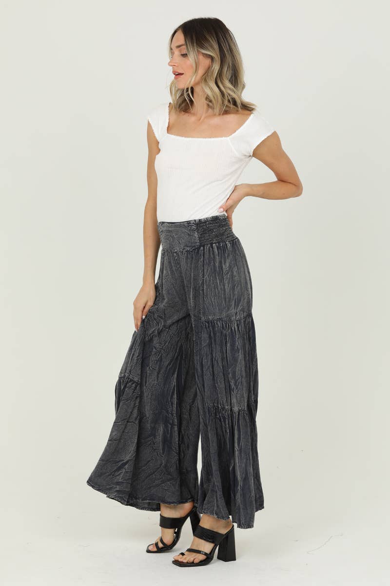 L ACID WASH TIERED WIDE LEG PANTS: CHOCOLATE / L