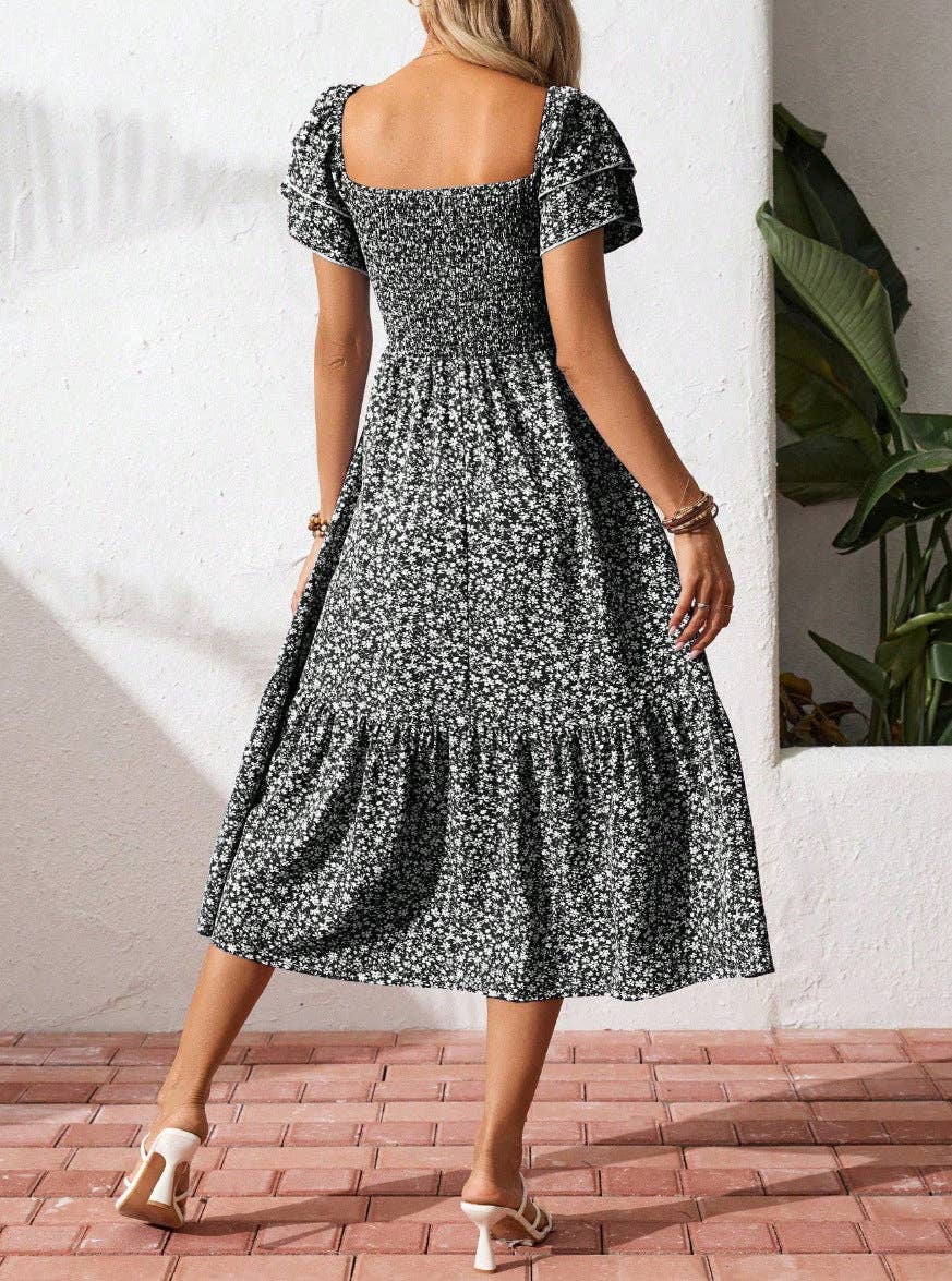 Floral Square Neck Smocked Short Sleeve Maxi Summer Dress: Purple / 100%Polyester / M