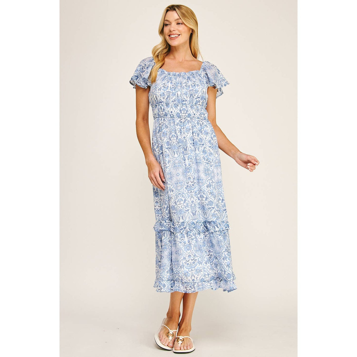FLUTTER SLEEVE FLORAL TIERED MIDI DRESS: I/P/O / S