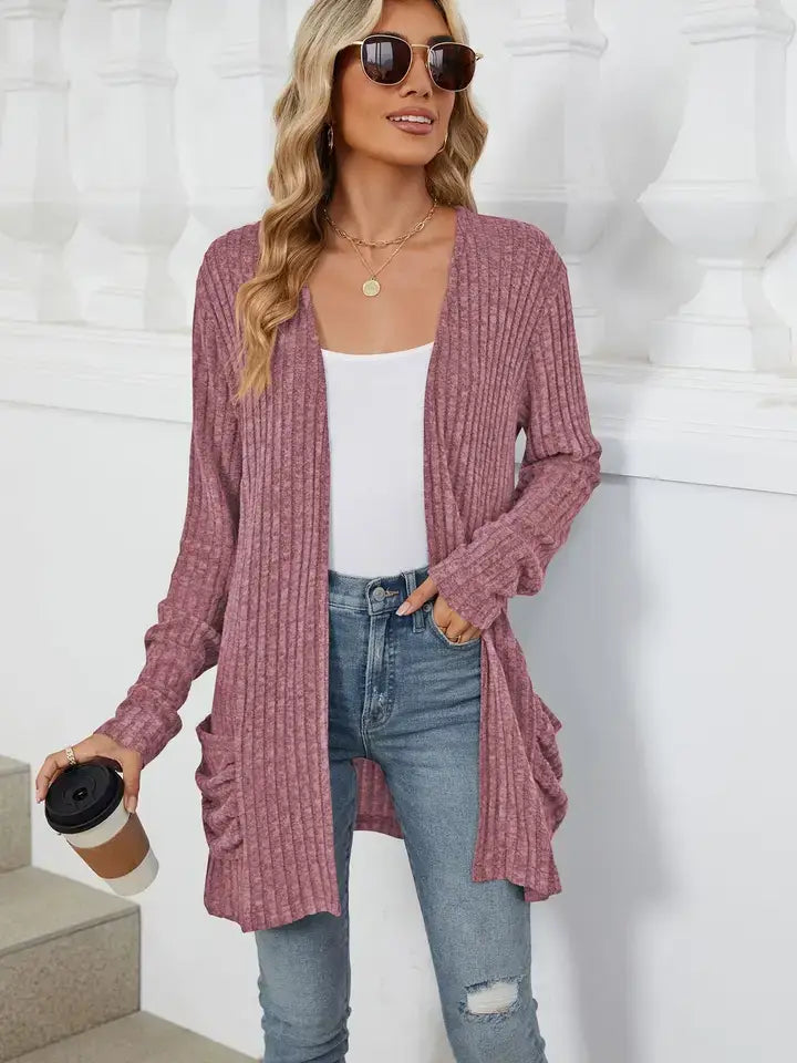Solid Knit Long Sleeve Pocket Open Front Cardigan: Khaki / 65%Rayon +30%Polyester+ 5%Spandex / XL