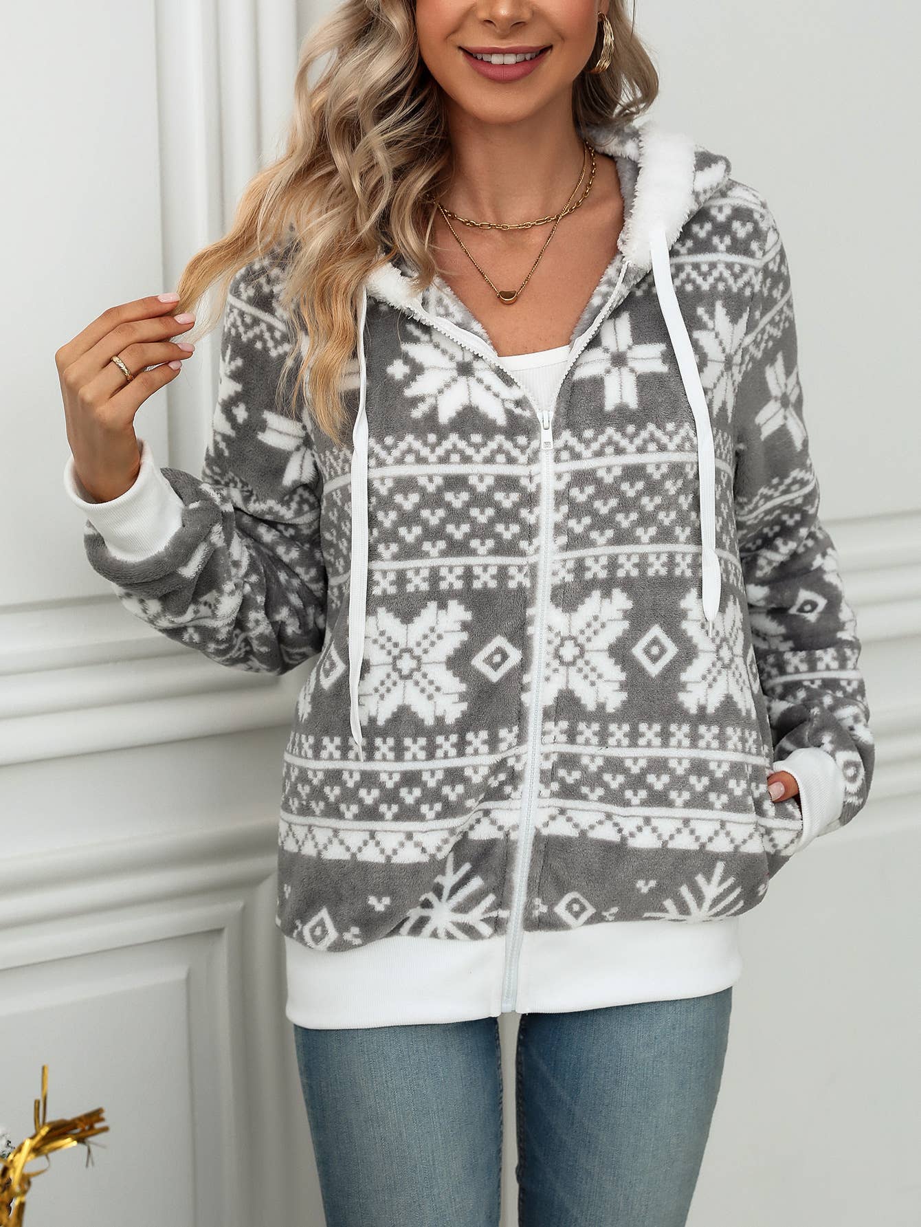 Hooded cardigan Christmas print fleece coat: Gray / (XL) 1