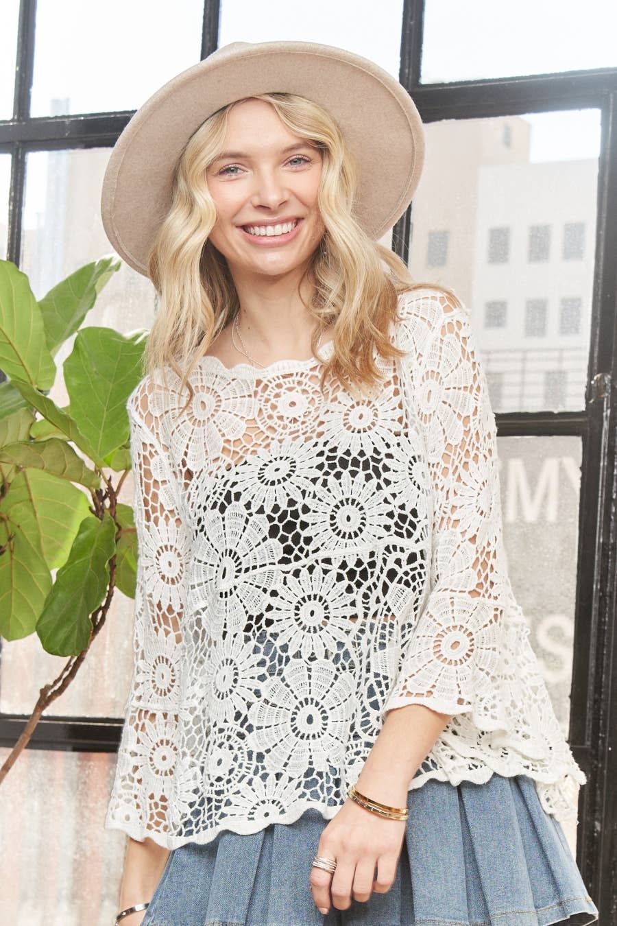 BELL SLEEVE CROCHET TOP- LET3556: BEIGE