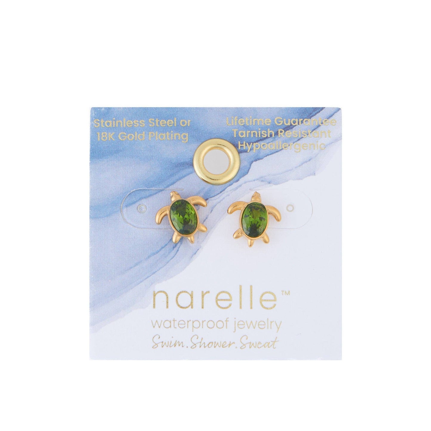 Waterproof Earring Narelle Turtle Studs Green Cubic Zirconia: Gold