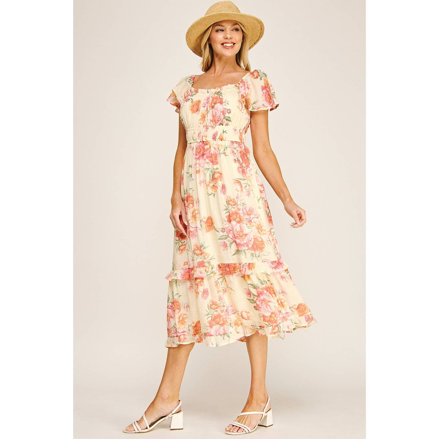 FLUTTER SLEEVE FLORAL TIERED MIDI DRESS: I/P/O / M