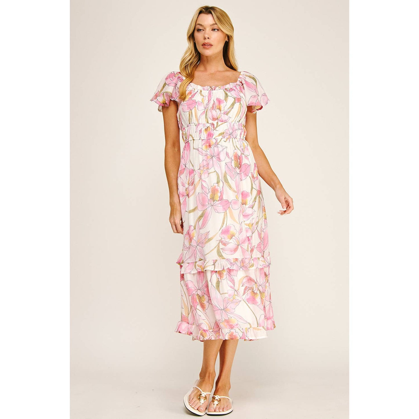 FLUTTER SLEEVE FLORAL TIERED MIDI DRESS: I/P/O / M