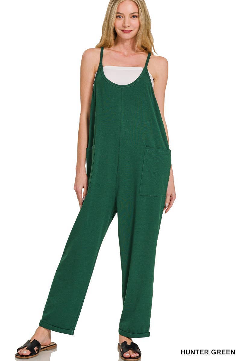Spaghetti Strap Pocketed Jumpsuit: H LT TEAL]