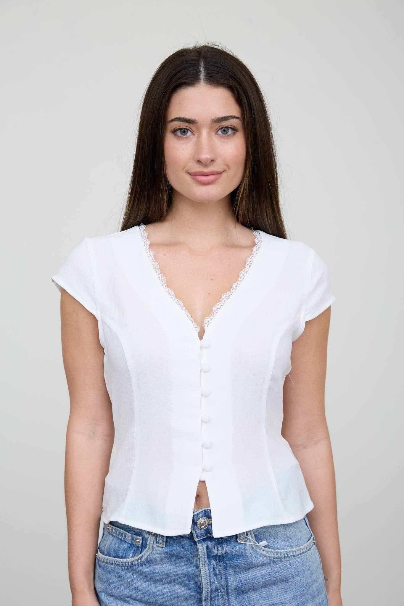 V NECK LACE TRIM BUTTON DOWN BACK TIE BLOUSE: WHITE