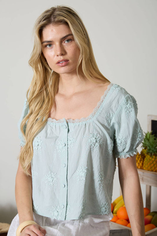 FLORAL EMBROIDERY LACE TRIM PUFF SLEEVE TOP: DUSTY MINT