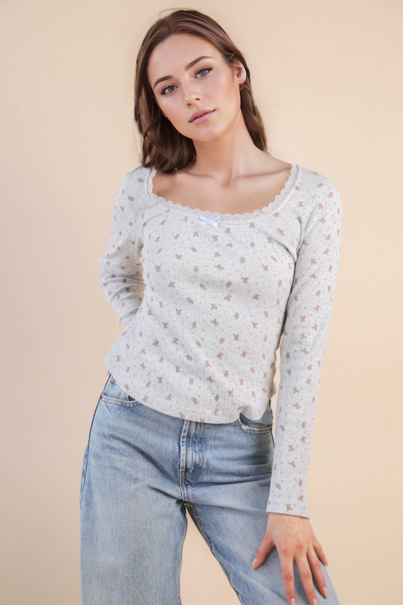 NT12410-Printed Fitted Casual Knit Top: CREAM TEDDY BEAR / S-M-L/2-2-2