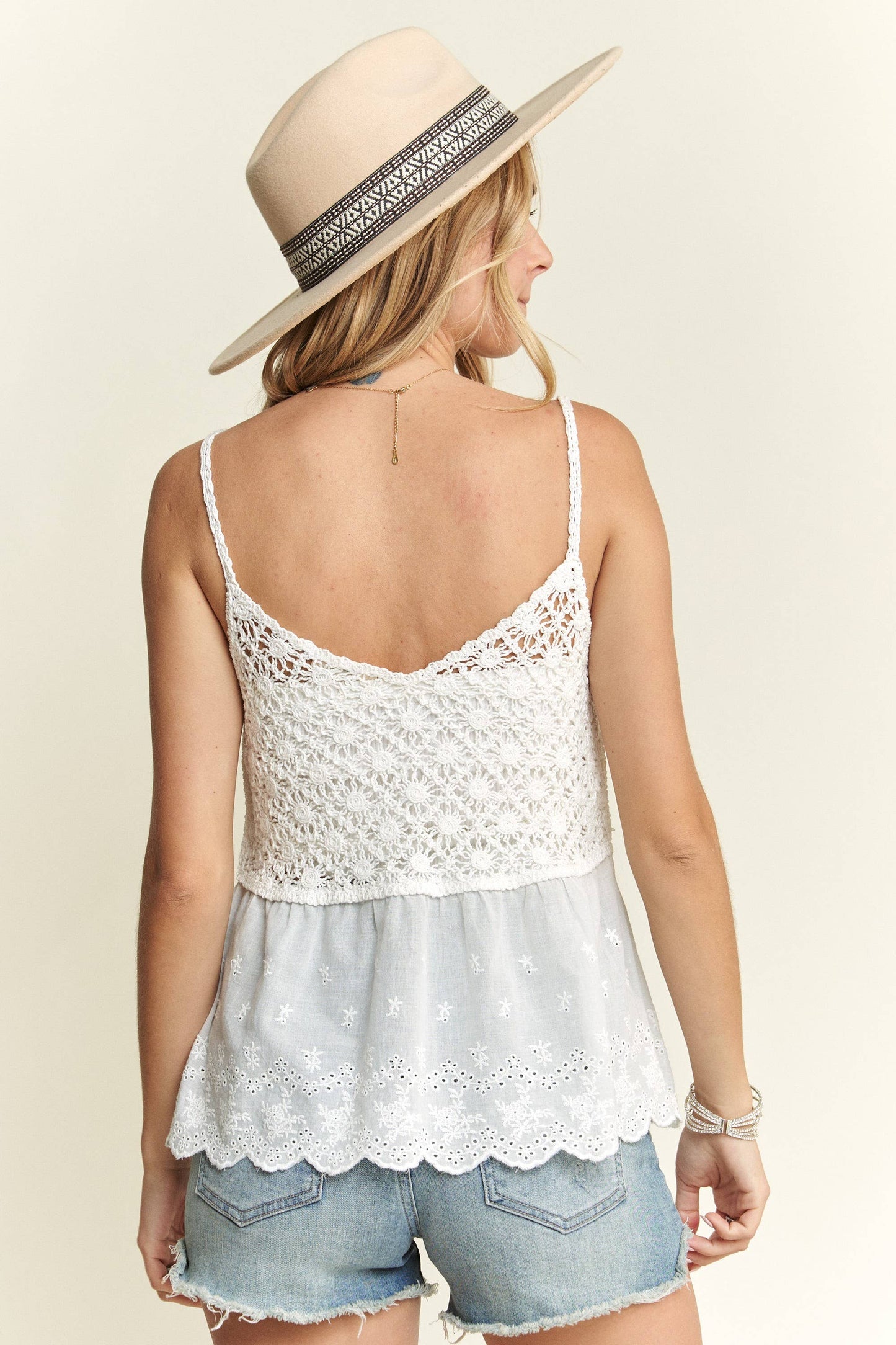CROCHET V NECK TANK TOP- LET2610: BEIGE / S/M-M/L(3-3)