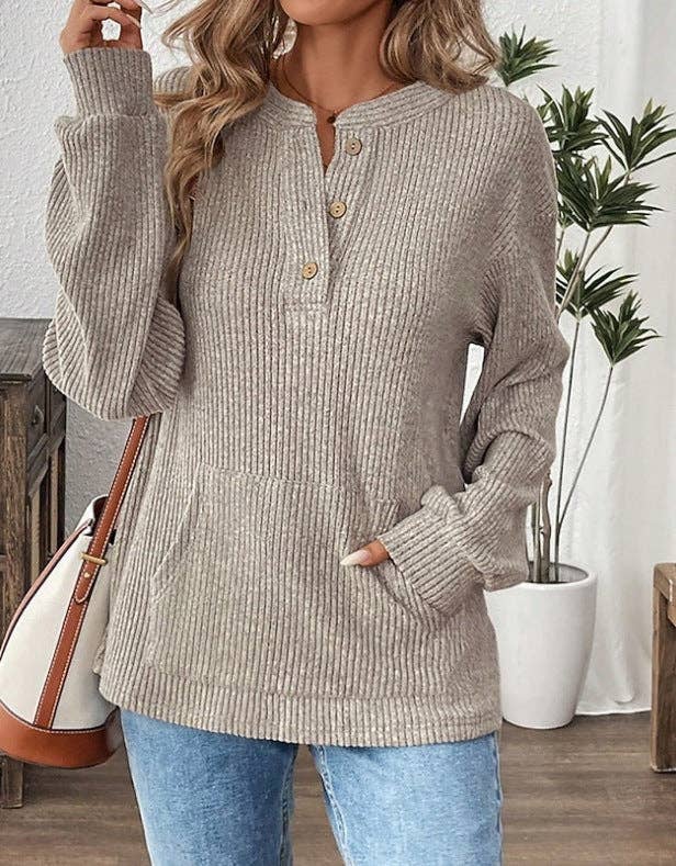S Women's Oversized Ribbed Henley Long Sleeve Top: Gray / S