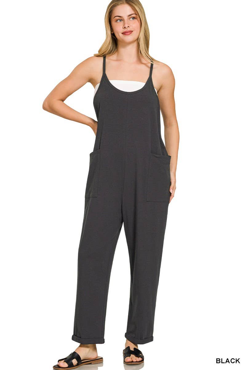 Spaghetti Strap Pocketed Jumpsuit: H LT TEAL]