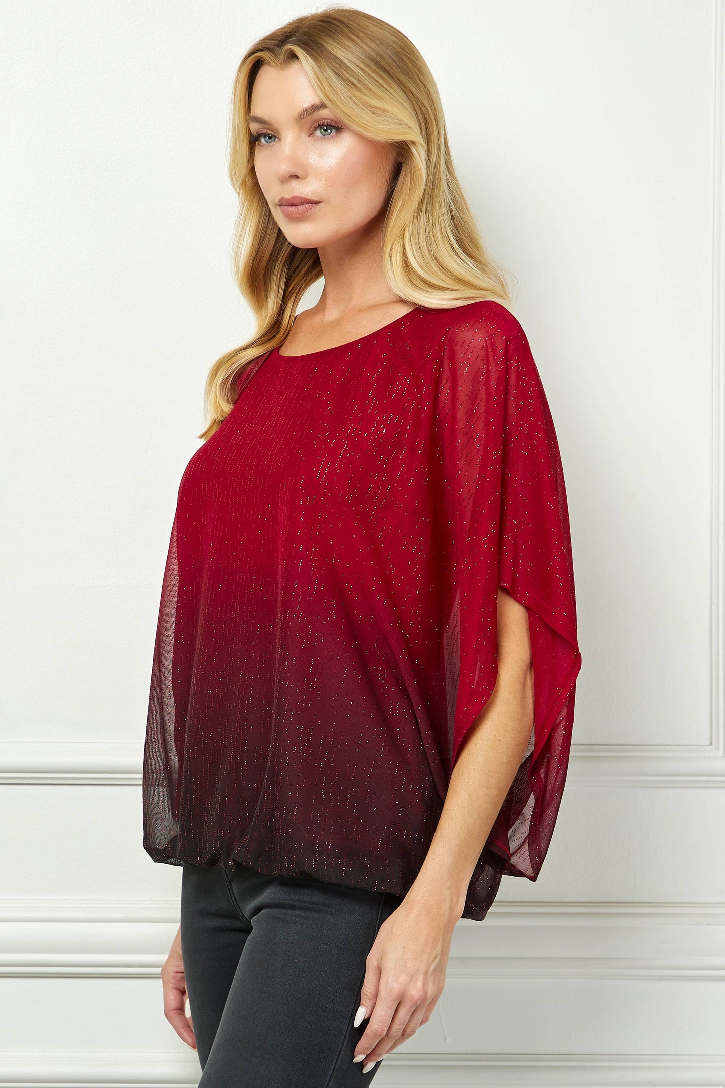 LUMINOUS GRACE DOLMAN BUBBLE BLOUSE: Stone/Black/Rose / S