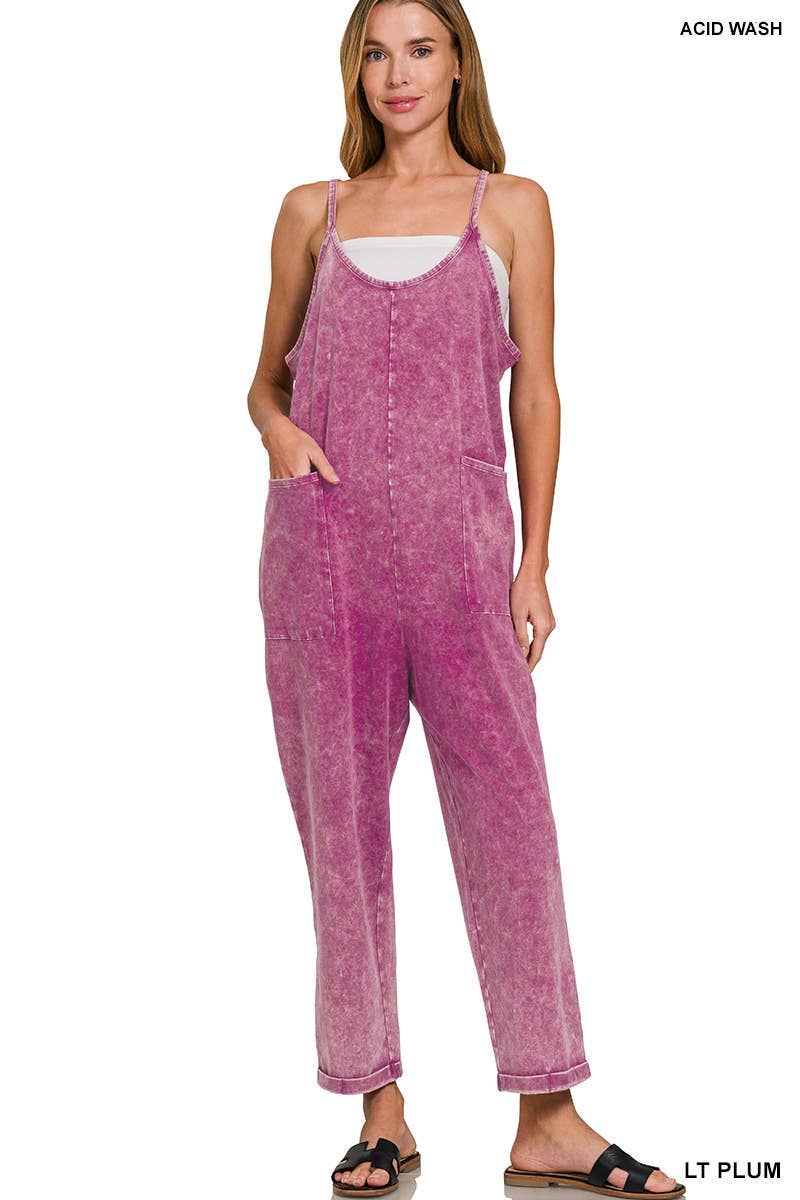 Washed Spaghetti Straps Overalls With Pockets: B LAVENDER