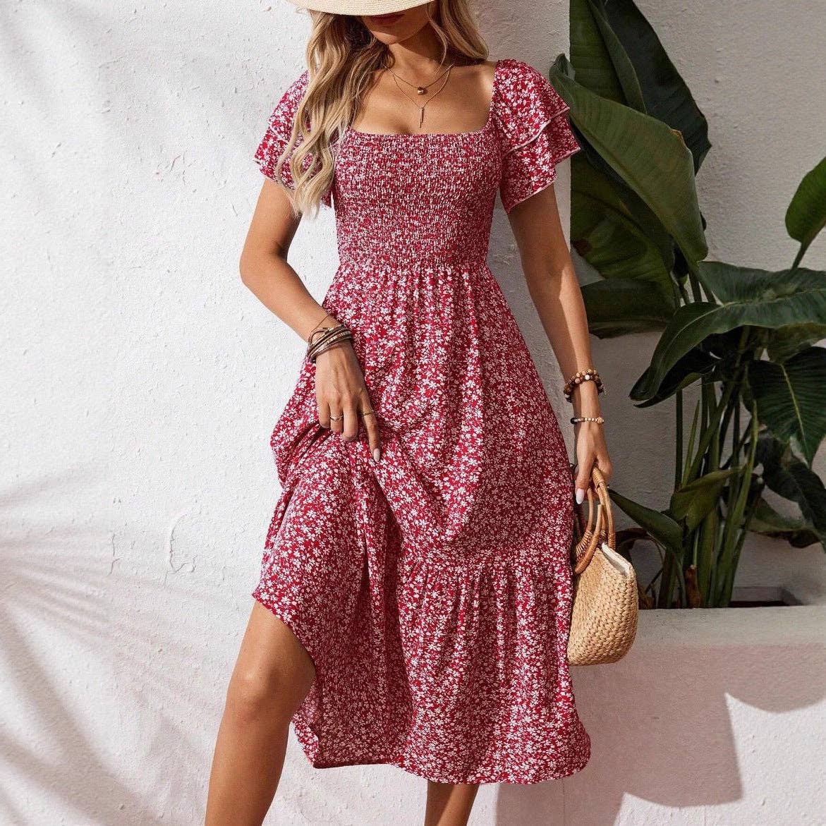 Floral Square Neck Smocked Short Sleeve Maxi Summer Dress: Purple / 100%Polyester / M