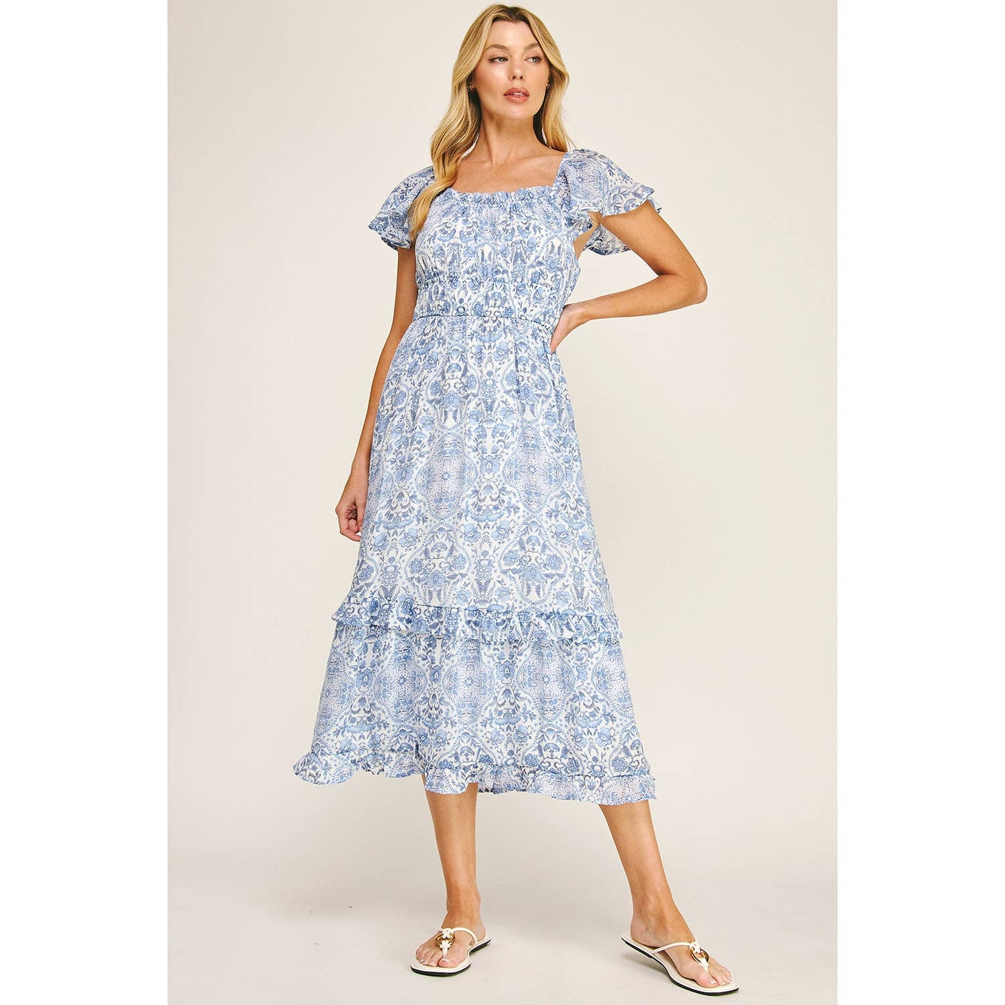 FLUTTER SLEEVE FLORAL TIERED MIDI DRESS: I/P/O / S