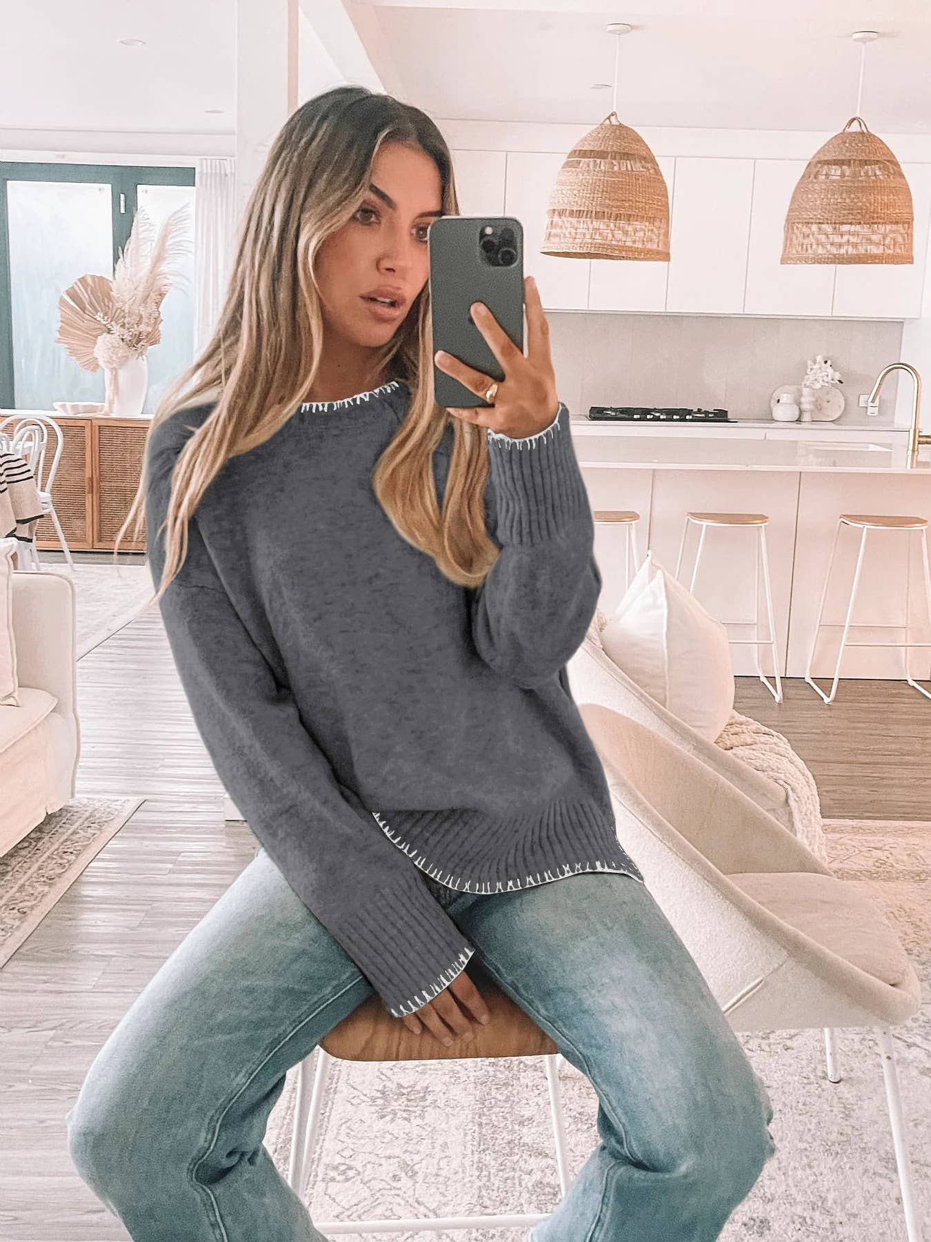 Solid Contrast Stitch Knit Pullover Sweater: Dark Gray / 50%Viscose+25Nylon+25%Polyester / M
