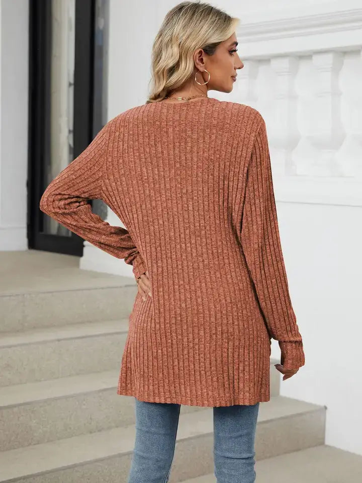 Solid Knit Long Sleeve Pocket Open Front Cardigan: Khaki / 65%Rayon +30%Polyester+ 5%Spandex / L