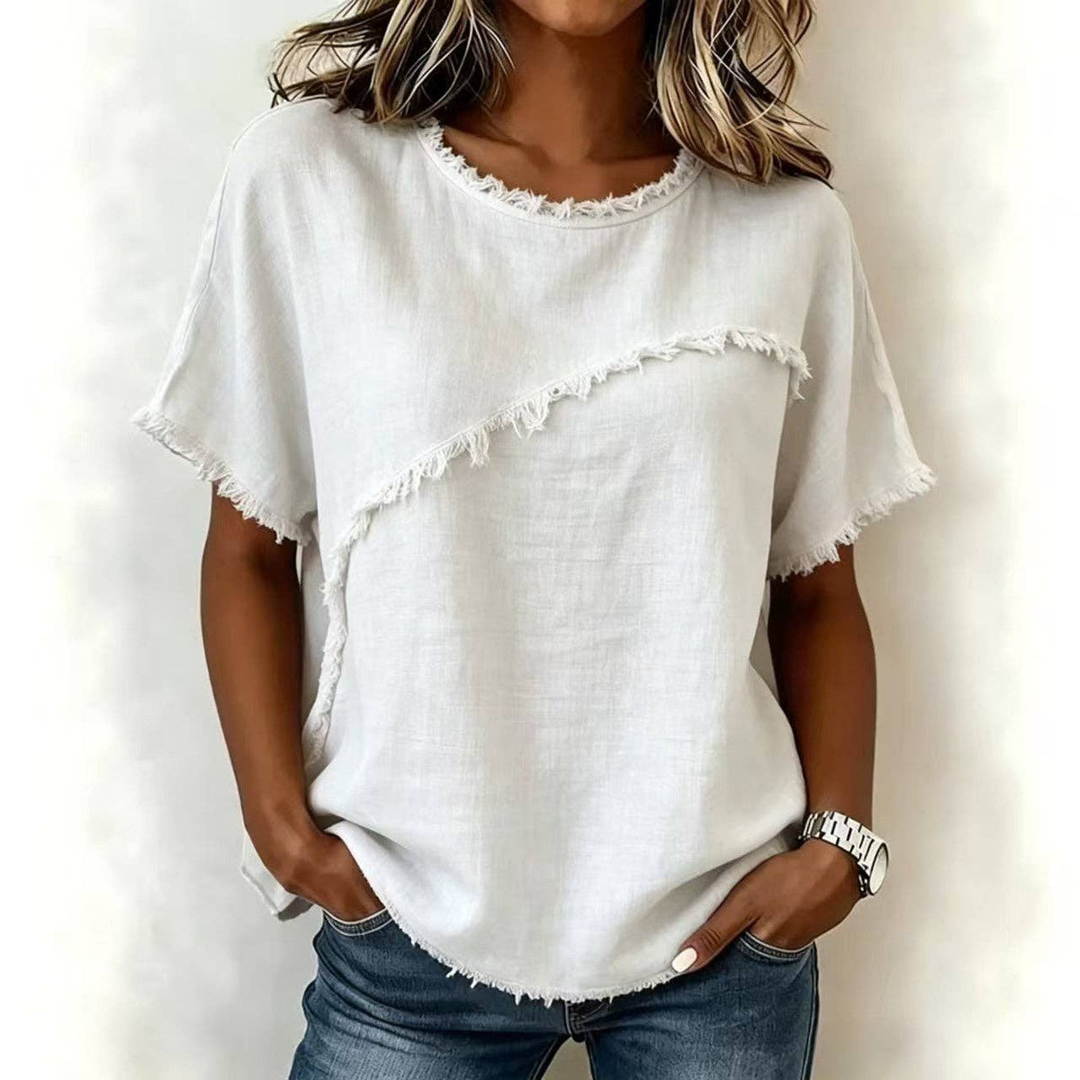 M Frayed Edge Linen Blend Top Round Neck Short Sleeve Casual: Apricot