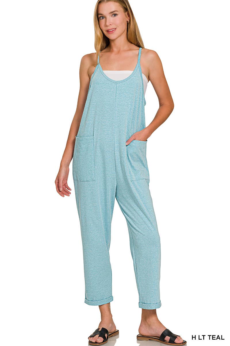 Spaghetti Strap Pocketed Jumpsuit: H LT TEAL]